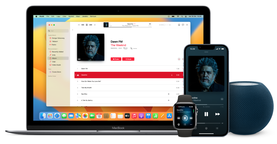 Lagu yang diputar di Mac, iPhone, dan Apple Watch, dengan HomePod.