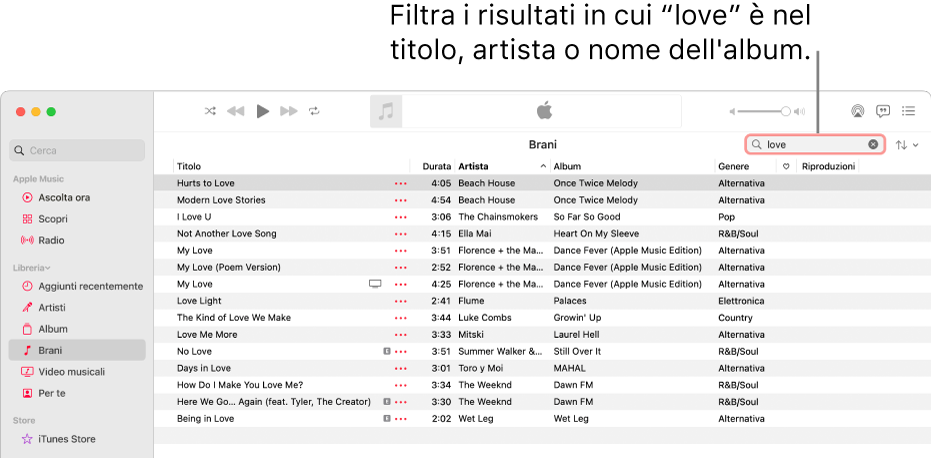 La finestra di Apple Music mostra l'elenco dei brani che vengono visualizzati digiti “love” nel campo del filtro nell'angolo in alto a destra. I brani nell'elenco includono la parola “love” nel titolo, nell'artista o nel nome dell'album.