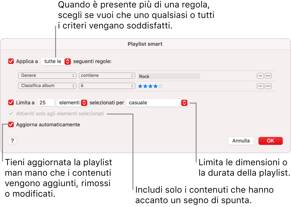 La finestra di dialogo Playlist smart: nell’angolo in alto a sinistra, seleziona Utilizza, quindi specifica i criteri della playlist (ad esempio, genere o classifica). Continua ad aggiungere o rimuovere regole facendo clic sui pulsante Aggiungi o Rimuovi nell’angolo in alto a destra. Seleziona varie opzioni nella parte inferiore della finestra di dialogo, ad esempio limitare le dimensioni o la durata della playlist, includendo solo i brani che sono selezionati o fare in modo che Musica aggiorni la playlist mentre gli elementi nella tua libreria cambiano.