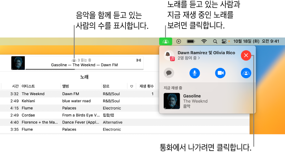 SharePlay를 사용하면서 재생 중인 노래가 표시된 Apple Music 윈도우. 현재 몇 명의 사람들이 함께 음악을 듣고 있는지 보여주는 재생 윈도우. 오른쪽에서 SharePlay 아이콘을 클릭하면 듣고 있는 사용자와 현재 재생 중인 노래를 볼 수 있습니다. 그 아래에서 닫기 버튼을 클릭할 수 있음.