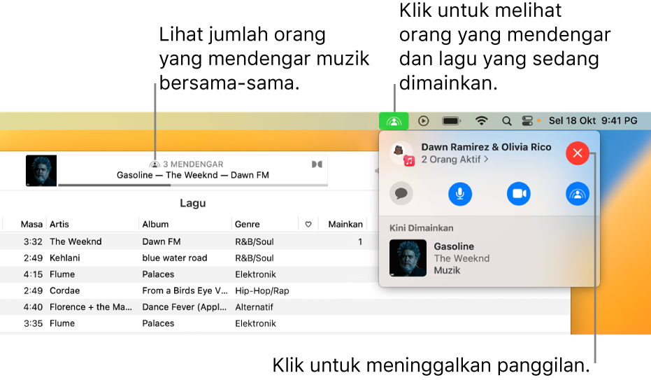 Tetingkap Apple Music dengan lagu dimainkan semasa menggunakan SharePlay. Tetingkap main balik menunjukkan bilangan orang yang mendengar muzik bersama. Di sebelah kanan, ikon SharePlay diklik dan anda boleh melihat orang yang mendengar dan lagu yang sedang dimainkan. Di bawahnya, anda boleh mengklik butang Tutup.