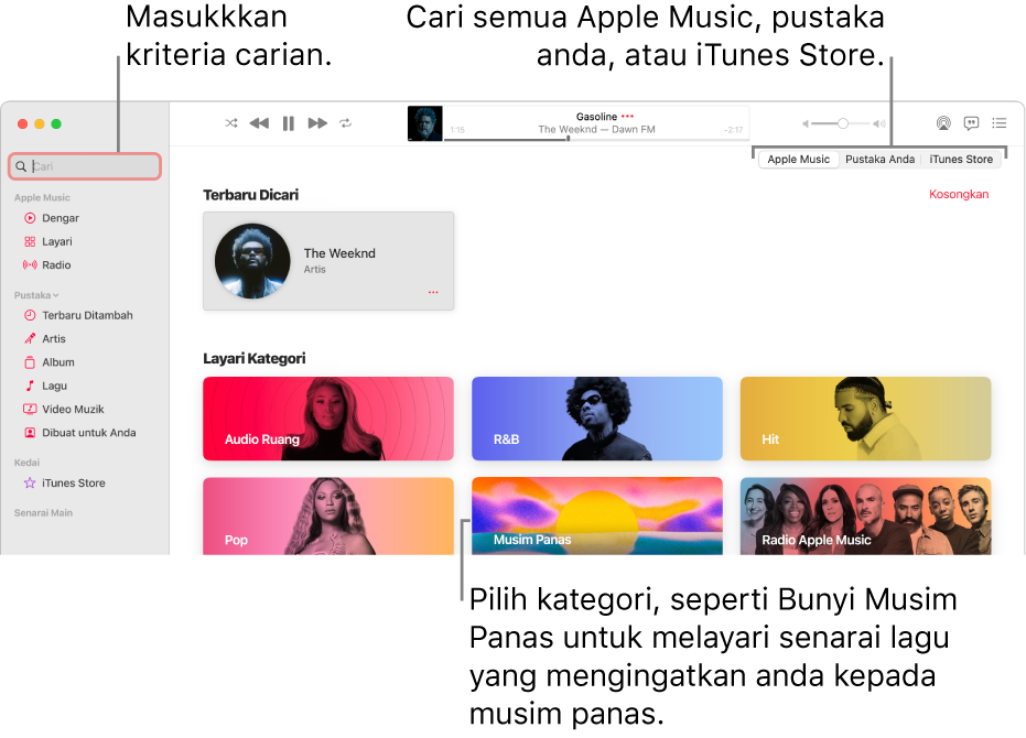Tetingkap Apple Music menunjukkan medan carian di penjuru kiri atas, senarai kategori di bahagian tengah tetingkap dan Apple Music, Pustaka Anda dan iTunes Store tersedia di penjuru kanan atas. Masukkan kriteria carian dalam medan carian, kemudian pilih untuk mencari semua daripada Apple Music, pustaka anda sahaja, atau iTunes Store.