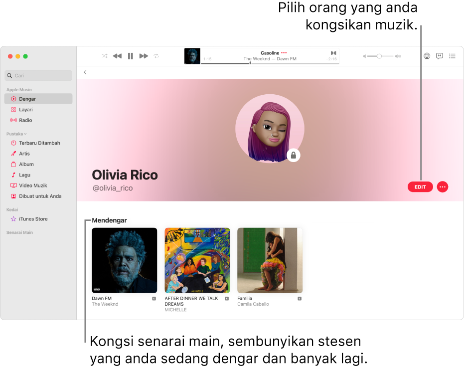 Halaman profil dalam Apple Music: di sebelah kanan tetingkap, klik Edit untuk memilih orang yang boleh mengikuti anda. Di sebelah kanan Edit, klik butang Lagi untuk berkongsi muzik anda.
