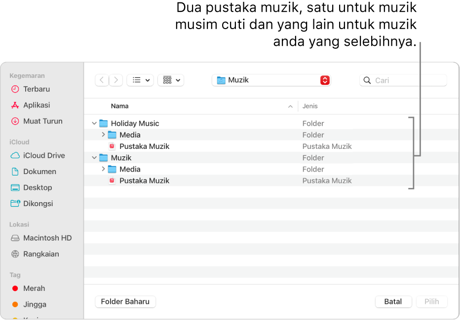 Tetingkap Finder menunjukkan berbilang pustaka—satu untuk muzik musim cuti dan satu lagi untuk muzik anda yang selebihnya.