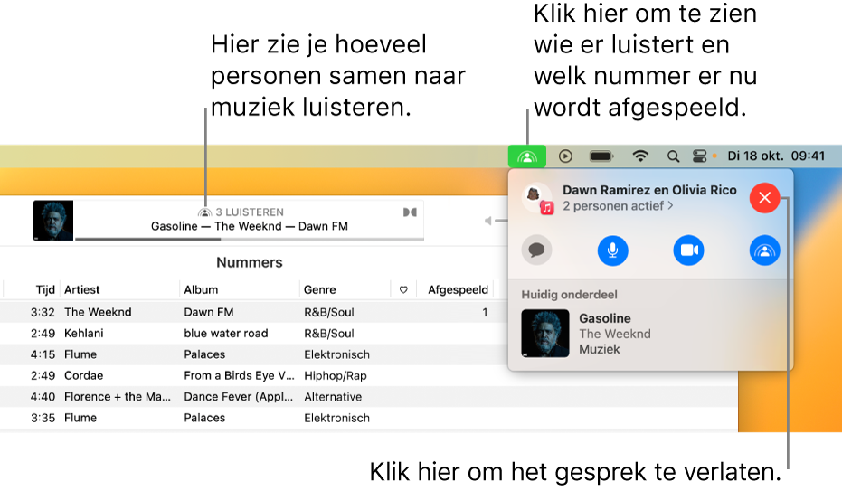 Het Muziek-venster met een nummer dat wordt afgespeeld in SharePlay. In het afspeelvenster is te zien hoeveel personen samen naar muziek luisteren. Aan de rechterkant wordt er op het SharePlay-symbool geklikt en kun je zien wie er luistert en welk nummer op dat moment wordt afgespeeld. Daaronder kun je op de sluitknop klikken.