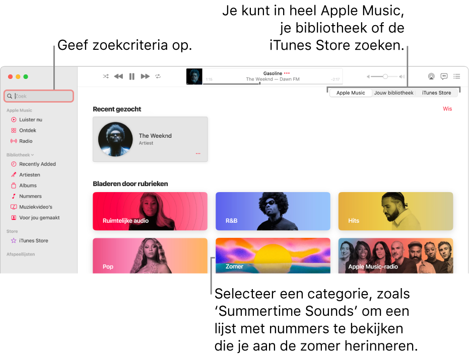 Het Muziek-venster met het zoekveld linksbovenin, de lijst met categorieën in het midden van het venster en 'Apple Music', 'Bibliotheek' en 'iTunes Store' rechtsbovenin. Voer zoekcriteria in het zoekveld in en geef aan of je in heel Apple Music, alleen in je eigen bibliotheek of in de iTunes Store wilt zoeken.