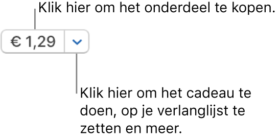 Een knop met een prijs. Klik op de prijs om het onderdeel te kopen. Klik op de pijl naast de prijs om het onderdeel bijvoorbeeld aan iemand cadeau te doen of om het aan je verlanglijst toe te voegen.