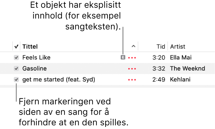 Utsnitt av sanglisten i Musikk, med avkrysningsruter og et eksplisitt-symbol for den første sangen (som indikerer at den inneholder upassende innhold, for eksempel sangtekst). Fjern markeringen i avkrysningsruten ved siden av en sang for å hindre avspilling.