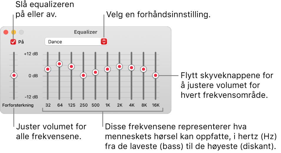 Equalizer-vinduet: Avkrysningsruten for å slå på Musikk-equalizeren er øverst til venstre. Ved siden av den er lokalmenyen med equalizerforhåndsinnstillinger. Helt til venstre kan du justere det generelle volumnivået for frekvenser med forforsterkeren. Under equalizerforhåndsinnstillingene kan du justere lydnivået for forskjellige frekvensområder som representerer det menneskelige hørselsspektrumet fra lavest til høyest.