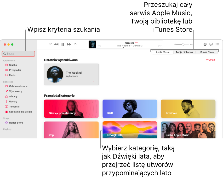 Okno Apple Music z polem wyszukiwania w lewym górnym rogu. Na środku okna widoczna jest lista kategorii. W prawym górnym rogu widoczny jest przełącznik umożliwiający szukanie w Apple Music, w Twojej bibliotece lub w iTunes Store. Wprowadź kryteria wyszukiwania w polu Szukaj, a następnie wybierz, czy chcesz szukać w całej zawartości Apple Music, tylko w swojej bibliotece, czy w iTunes Store.