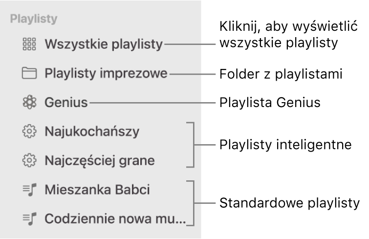 Pasek boczny Muzyki z różnymi typami playlist: Playlisty Genius, playlisty inteligentne oraz standardowe. Aby wyświetlić wszystkie playlisty, kliknij w przycisk Wszystkie playlisty.