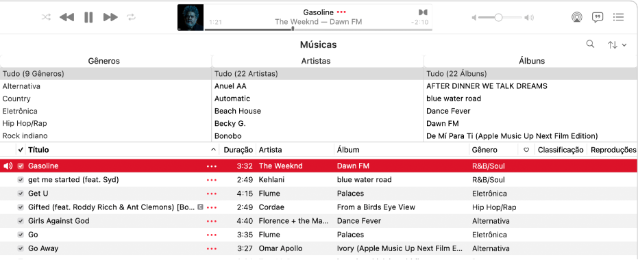 Janela principal do app Música: o navegador por colunas está à direita da barra lateral e acima da lista de músicas.