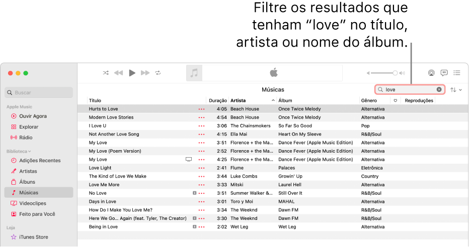 Janela do Apple Music mostrando a lista de músicas que são exibidas quando “amor” é digitado no campo de filtro no canto superior direito. As músicas na lista incluem a palavra “amor” em seu título, artista ou nome do álbum.