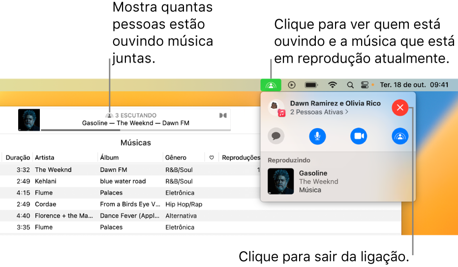 Janela do Apple Music com uma música reproduzida usando o SharePlay. A janela de reprodução mostra quantas pessoas estão ouvindo música juntas. À direita, o ícone do SharePlay está clicado e você pode ver quem está ouvindo e a música sendo reproduzida atualmente. Abaixo, é possível clicar no botão Fechar.