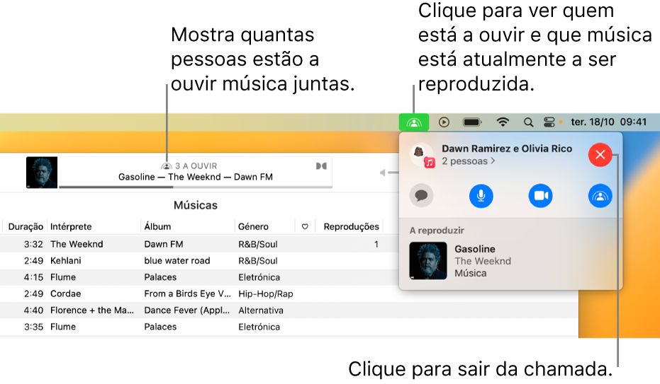 A janela Apple Music com uma música em reprodução durante a utilização de SharePlay. A janela de reprodução mostra quantas pessoas estão a ouvir música em conjunto. À direita, o ícone do SharePlay é clicado e pode ver quem está a ouvir e que música está atualmente a ser reproduzida. Por baixo disso, pode clicar no botão Fechar.