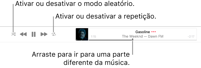 A faixa com uma música em reprodução. O botão “Modo aleatório” encontra-se no canto superior esquerdo e o botão Repetir no canto superior direito. Arraste o nivelador de deslocação para ir para uma parte diferente da música.