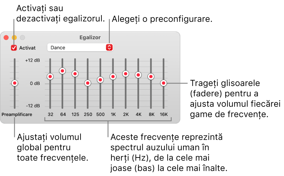 Fereastra Egalizor: Caseta de validare pentru activarea egalizorului Muzică se află în colțul din stânga sus. Lângă aceasta, se află meniul pop-up cu preconfigurările pentru egalizor. În partea stângă extremă, ajustați volumul general al frecvențelor cu preamplificatorul. Sub preconfigurările pentru egalizor, ajustați nivelul sunetului diferitelor intervale de frecvență care reprezintă spectrul auzului uman de la cel mai jos până la cel mai ridicat.