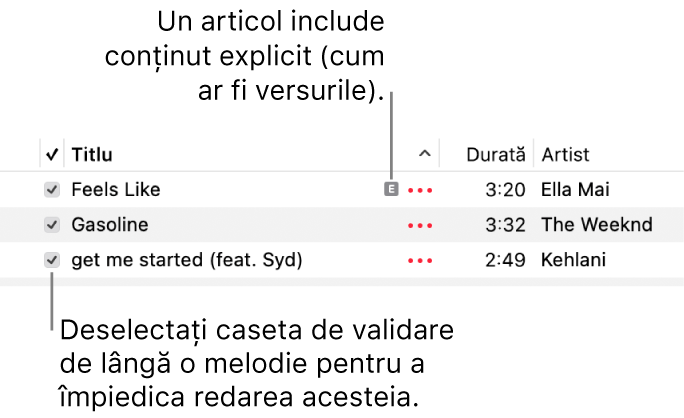 Detaliu al listei de melodii din aplicația Muzică, prezentând casetele de validare și un simbol explicit pentru prima melodie (indicând că are conținut explicit, cum ar fi versurile). Deselectați caseta de validare de lângă o melodie pentru a împiedica redarea acesteia.