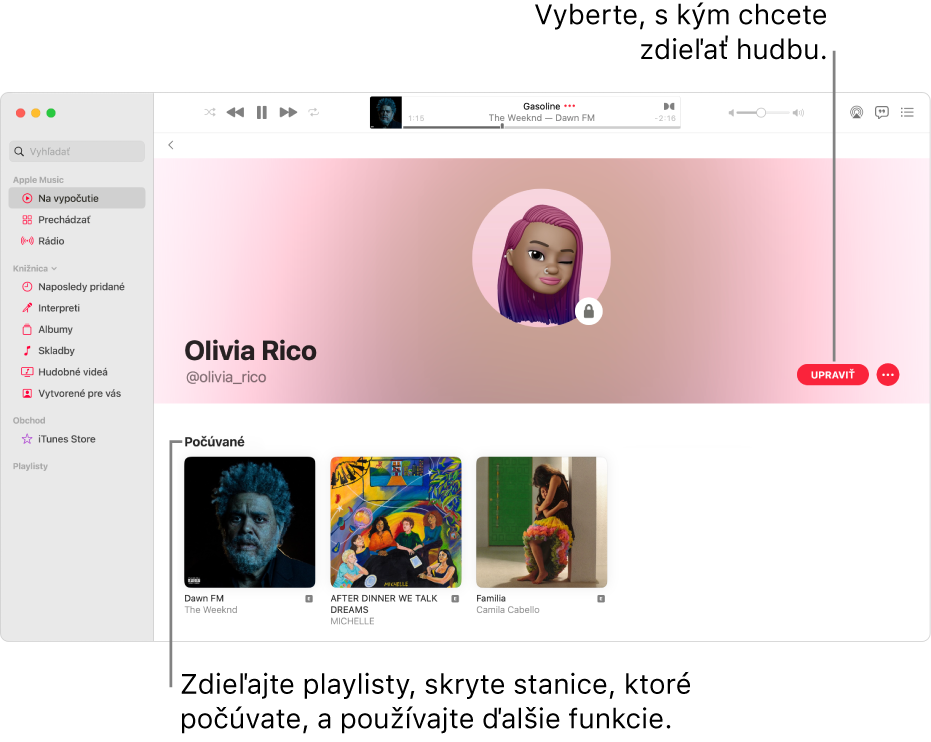 Strana profilu v Apple Music. na pravej strane okna kliknite na Upraviť a vyberte, kto vás môže sledovať. Napravo od položky Upraviť kliknite na tlačidlo Viac a zdieľajte svoju hudbu.