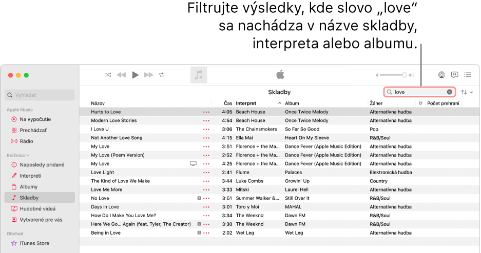 Okno Apple Music zobrazujúce zoznam skladieb, ktoré sa zobrazia, keď sa do poľa filtra v pravom hornom rohu zadá slovo „láska“. Skladby v zozname obsahujú slovo „love (láska)” vo svojom názve, v názve interpreta alebo v názve albumu.