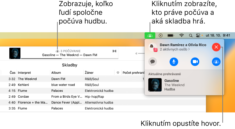 Okno Apple Music s prehrávanou skladbou počas používania SharePlay. Okno prehrávania zobrazuje, koľko ľudí počúva spolu hudbu. Na pravej strane je zobrazené kliknutie na ikonu SharePlay a môžete vidieť, kto počúva, ako aj skladbu, ktorá sa práve prehráva. Pod tým môžete kliknúť na tlačidlo Zavrieť.