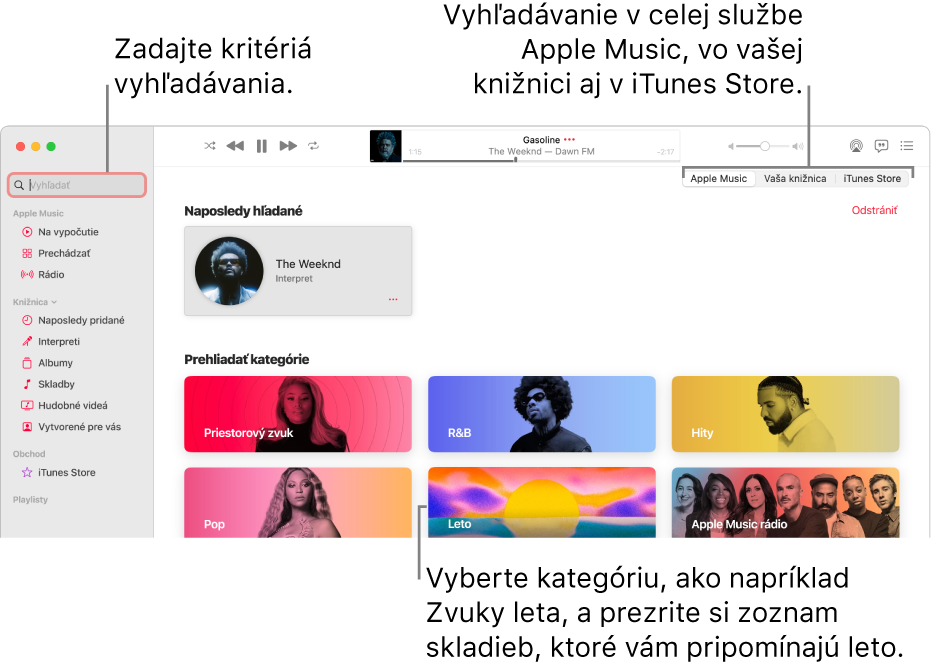 Okno Apple Music zobrazujúce vyhľadávacie pole v ľavom hornom rohu, zoznam kategórií v strede okna a sekcie Apple Music, Vaša knižnica a iTunes Store v pravom hornom rohu. Do vyhľadávacieho poľa zadajte kritériá vyhľadávania a potom vyberte, či chcete vyhľadávať v celej službe Apple Music, iba vo vašej knižnici alebo v obchode iTunes Store.