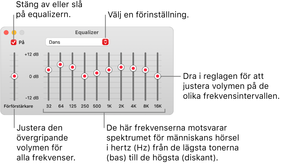 Equalizer-fönstret: I övre vänstra hörnet finns kryssrutan för att slå på Musik-equalizern. Bredvid den finns popupmenyn med förinställningarna för equalizern. Längst till vänster kan den allmänna volymen för alla frekvenser justeras med förförstärkaren. Under förinställningarna för equalizern går det att justera volymen för olika frekvensintervall som representerar spektrumet för människans hörsel från lägsta till högsta.