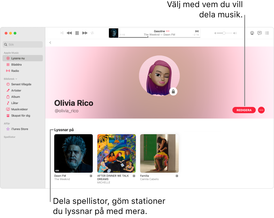 Profilsidan i Apple Music: om du vill välja vilka som kan följa dig klickar du på Redigera på höger sida av fönstret. Dela din musik genom att klicka på merknappen till höger om Redigera.