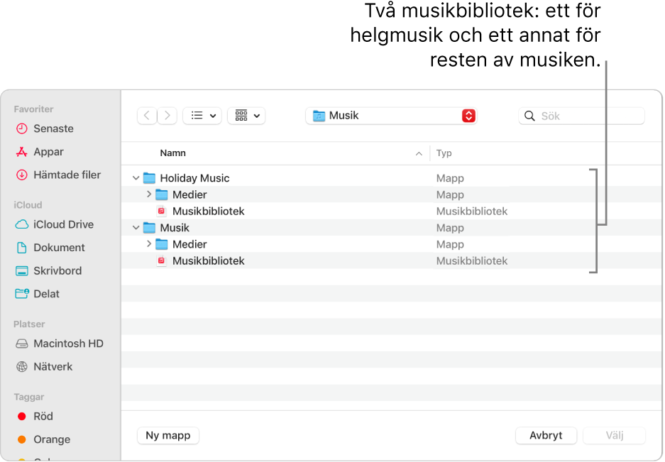 Finder-fönstret med flera bibliotek: ett för julmusik och de andra för all annan musik.