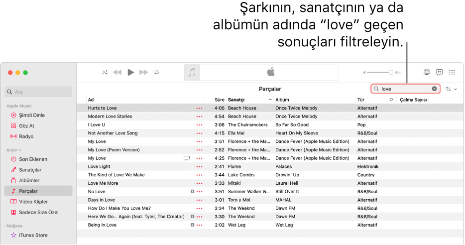 Sağ üst köşedeki filtre alanına “love” girildiğinde görünen parça listesinin gösterildiği Apple Music penceresi. Listedeki parçaların başlığında, sanatçı adında veya albüm adında "love" kelimesi bulunmaktadır.