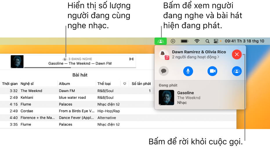 Cửa sổ Apple Music với một bài hát đang phát trong khi đang sử dụng SharePlay. Cửa sổ phát lại hiển thị cho bạn số người đang nghe nhạc cùng nhau. Ở bên phải, biểu tượng SharePlay được bấm vào và bạn có thể xem những ai đang nghe cũng như bài hát hiện đang phát. Ở bên dưới, bạn có thể bấm vào nút Đóng.