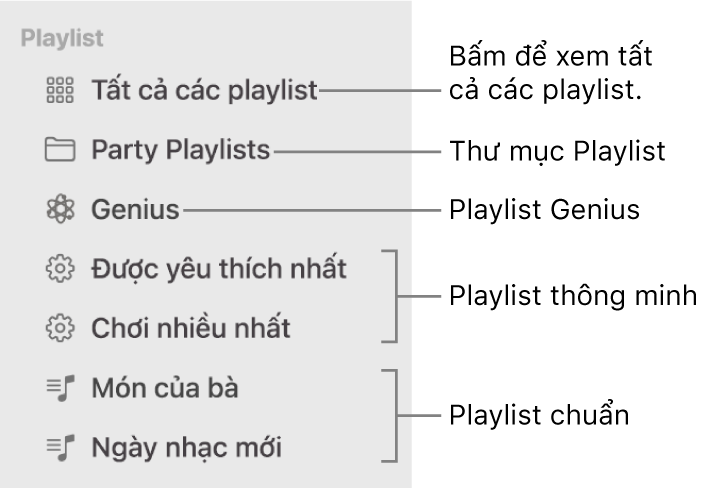 Thanh bên Nhạc đang hiển thị các loại playlist khác nhau: Playlist Genius, Thông minh và chuẩn. Bấm vào Tất cả playlist để xem tất cả chúng.