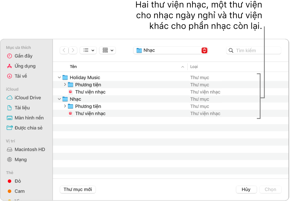 Cửa sổ Finder đang hiển thị nhiều thư viện - một thư viện cho nhạc ngày nghỉ và thư viện khác cho phần nhạc còn lại của bạn.