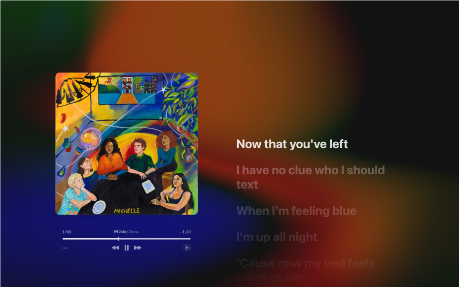 顯示播放中歌曲的「全螢幕播放器」，歌詞在右側搭配音樂同步顯示在螢幕上。