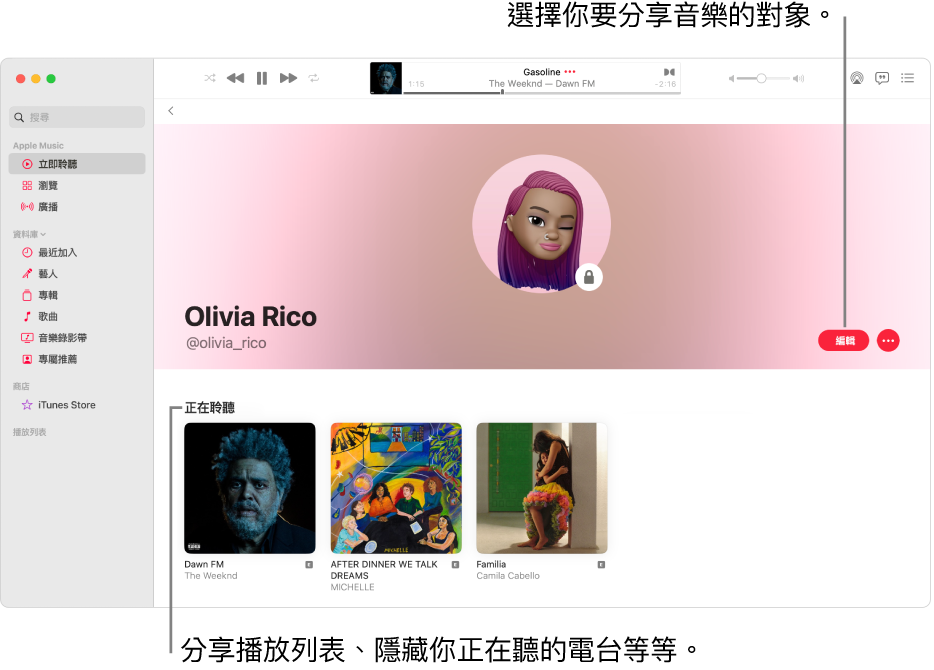 Apple Music 中的個人檔案頁面：在視窗右側，按一下「編輯」來選擇誰可以追蹤你。在「編輯」右側，按一下「更多」按鈕來分享你的音樂。