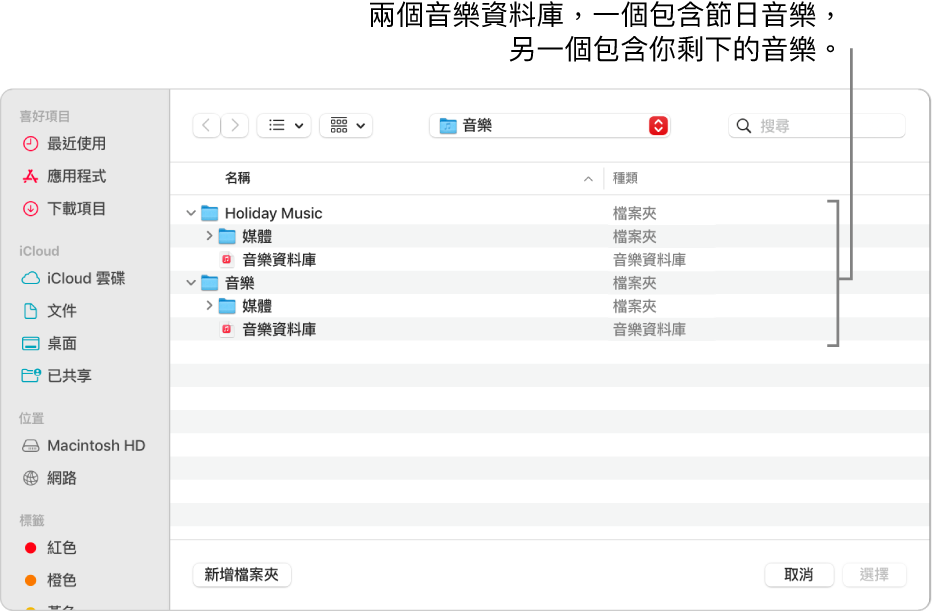 Finder 視窗顯示多個資料庫，一個包含節慶音樂、另一個包含你其餘的音樂。