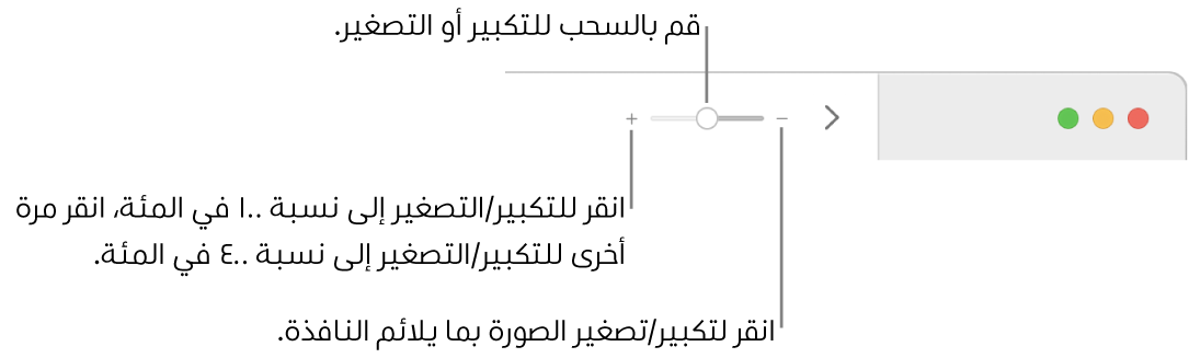 شريط الأدوت وتظهر عليه عناصر التحكم في التكبير/التصغير.