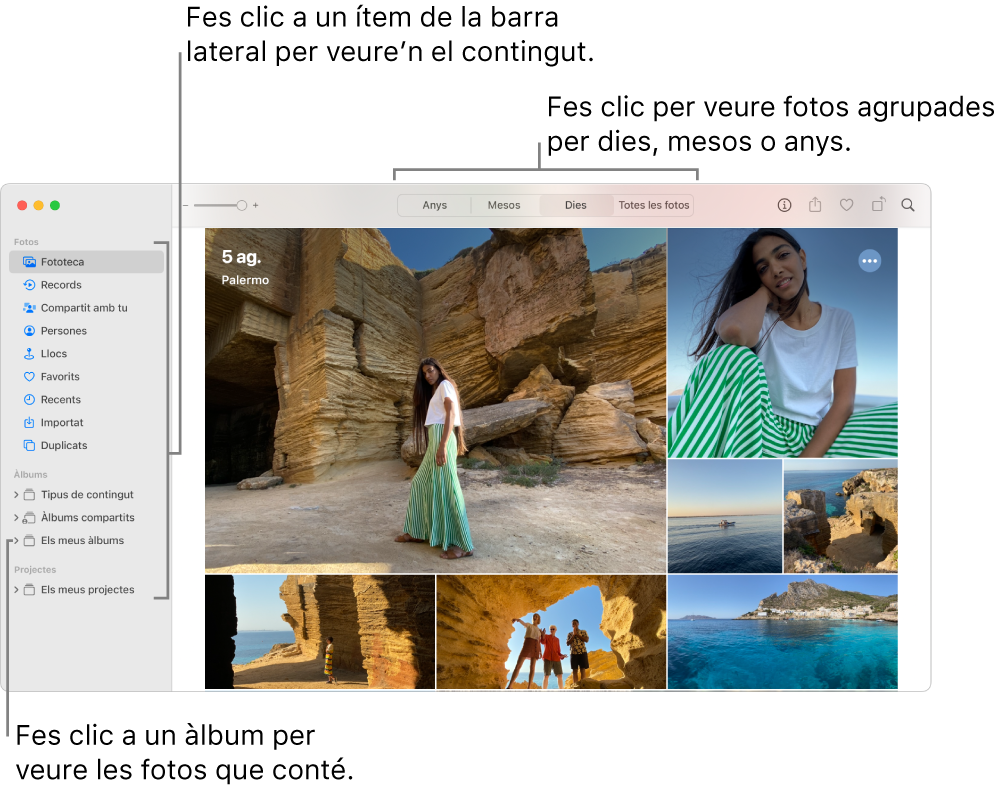La finestra principal de l’app Fotos, amb una barra lateral a l’esquerra, les fotos organitzades per dies a la dreta i els botons Anys, Mesos, Dies i “Totes les fotos” a dalt a la barra d’eines.