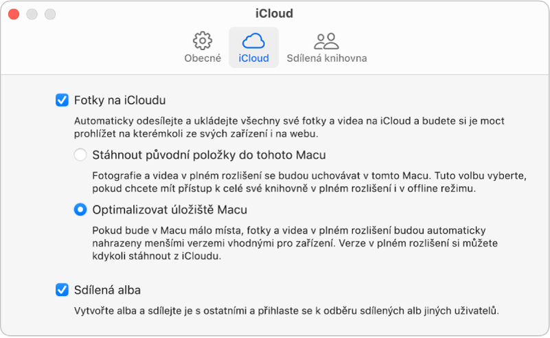 Panel iCloud v nastavení aplikace Fotky