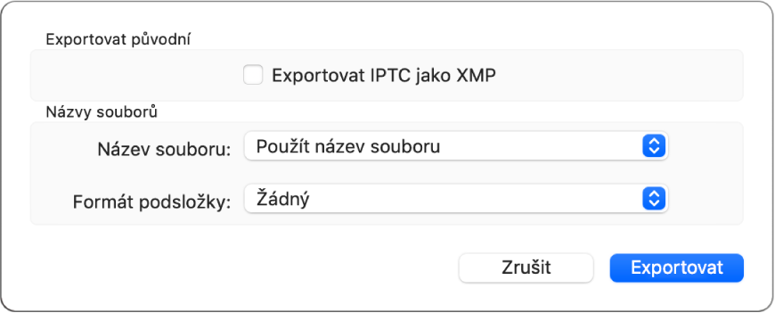 Dialogové okno s volbami pro export souborů fotografií v původním formátu