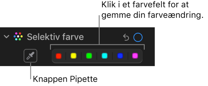 Betjeningsmulighederne til Selektiv farve i vinduet Juster, der viser pipetteknappen og farvefelter.