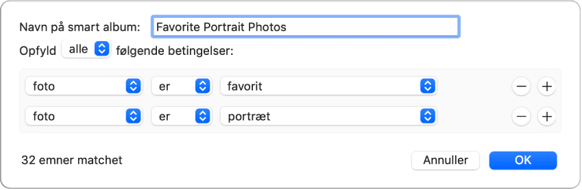 En dialog, der viser kriterier til et smart album, som indsamler portrætfotos, der er markeret som favoritter.