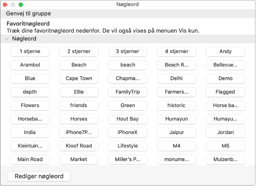 Nøgleord i vinduet Nøgleordsadministrator med Genvej til gruppe øverst og knappen Rediger nøgleord nederst til venstre.