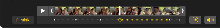 En billedfremviser, der viser billederne i en video med funktionen Filmisk og knappen Filmisk til venstre og knappen Lyd til højre.