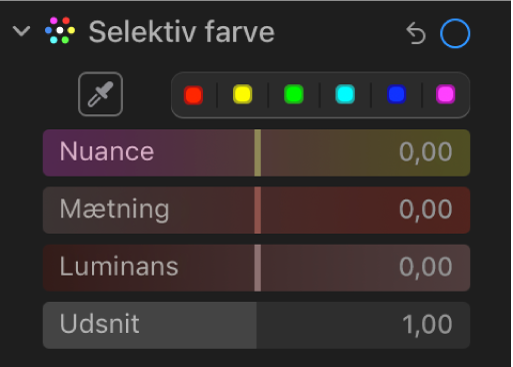 Betjeningsmulighederne til Selektiv farve i vinduet Juster, der viser mærkerne Nuance, Mætning, Luminans og Udsnit.