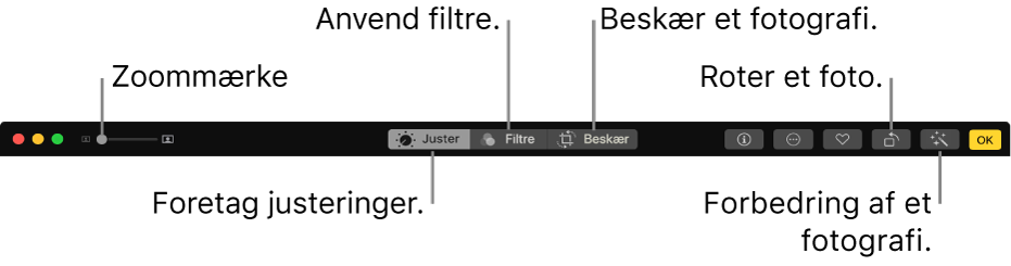 Redigeringsværktøjslinjen med et zoommærke og knapper til at foretage justeringer, tilføje filtre, beskære fotos, rotere fotos og gøre fotos bedre.