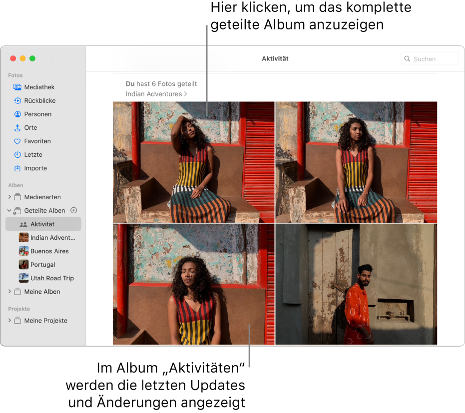 Das Fenster „Fotos“ mit dem in der Seitenleiste ausgewählten Bereich „Aktivität“; rechts wird das Album „Aktivität“ angezeigt.
