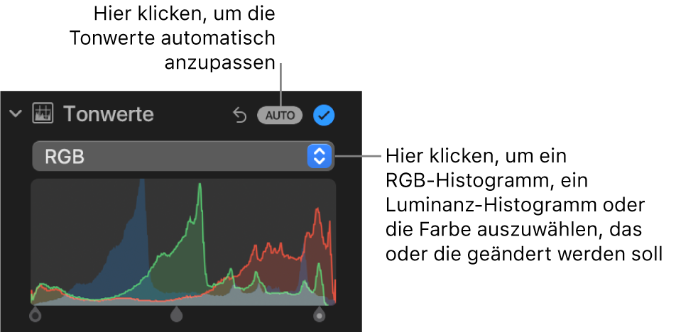 Die Steuerungen „Tonwerte“ im Bereich „Anpassen“ mit der Taste „AUTO“ rechts oben und dem RGB-Histogramm unten.