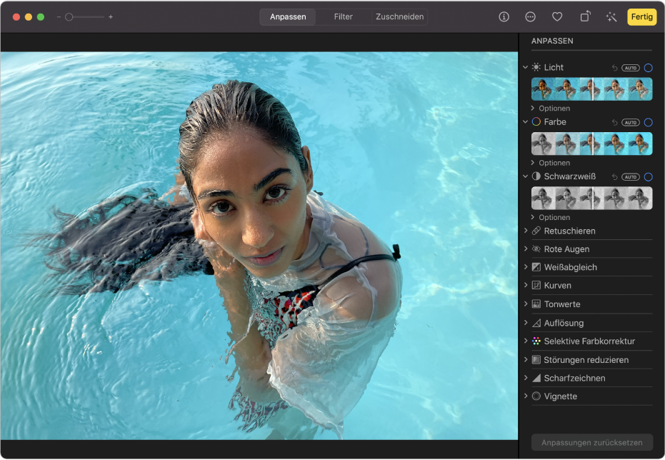 Ein Foto in der Bearbeitungsansicht mit der ausgewählten Option „Anpassen“ in der Symbolleiste und den Anpassungsoptionen auf der rechten Seite.