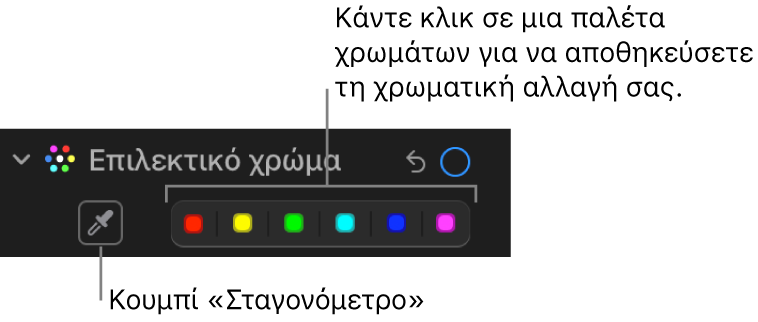 Τα χειριστήρια «Επιλεκτικό χρώμα» στο τμήμα «Προσαρμογή» που εμφανίζουν το κουμπί «Σταγονόμετρο» και παλέτες χρωμάτων.
